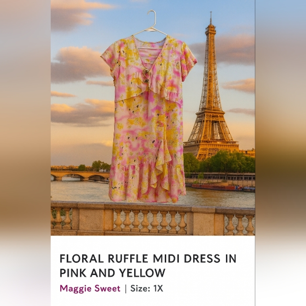 Maggie Sweet Floral Ruffle Midi Dress in Pink and Yellow